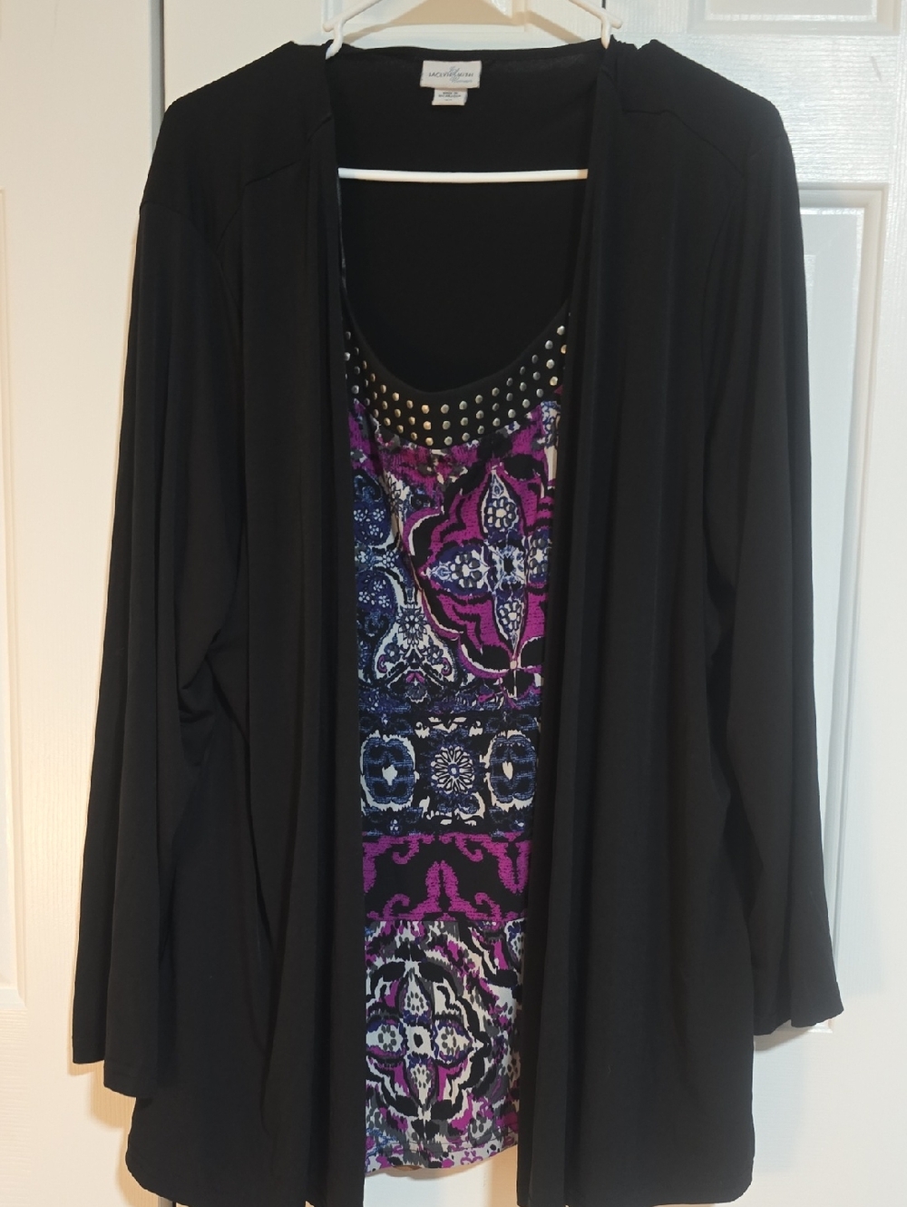 Jaclyn Smith Black Open Cardigan with Purple & Blue Printed Tank